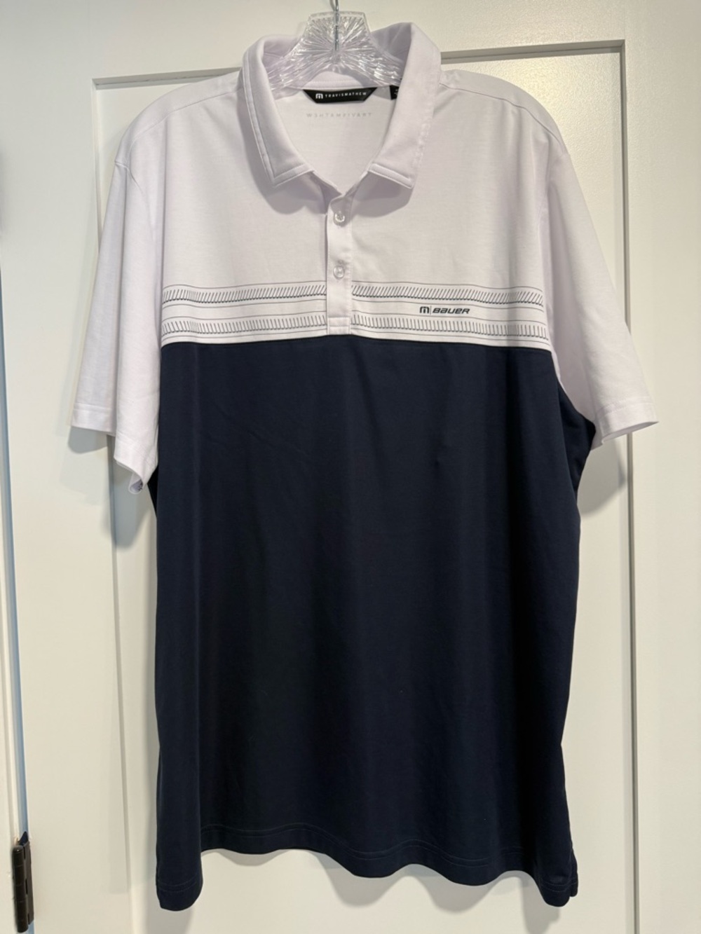 Travis Mathew Bauer White and Navy/White Polo, size XXL NWOT